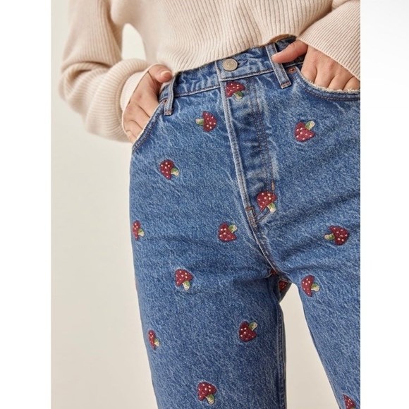 Reformation Mushroom Embroidered High Rise Straight Jeans Size 23 - Picture 1 of 11